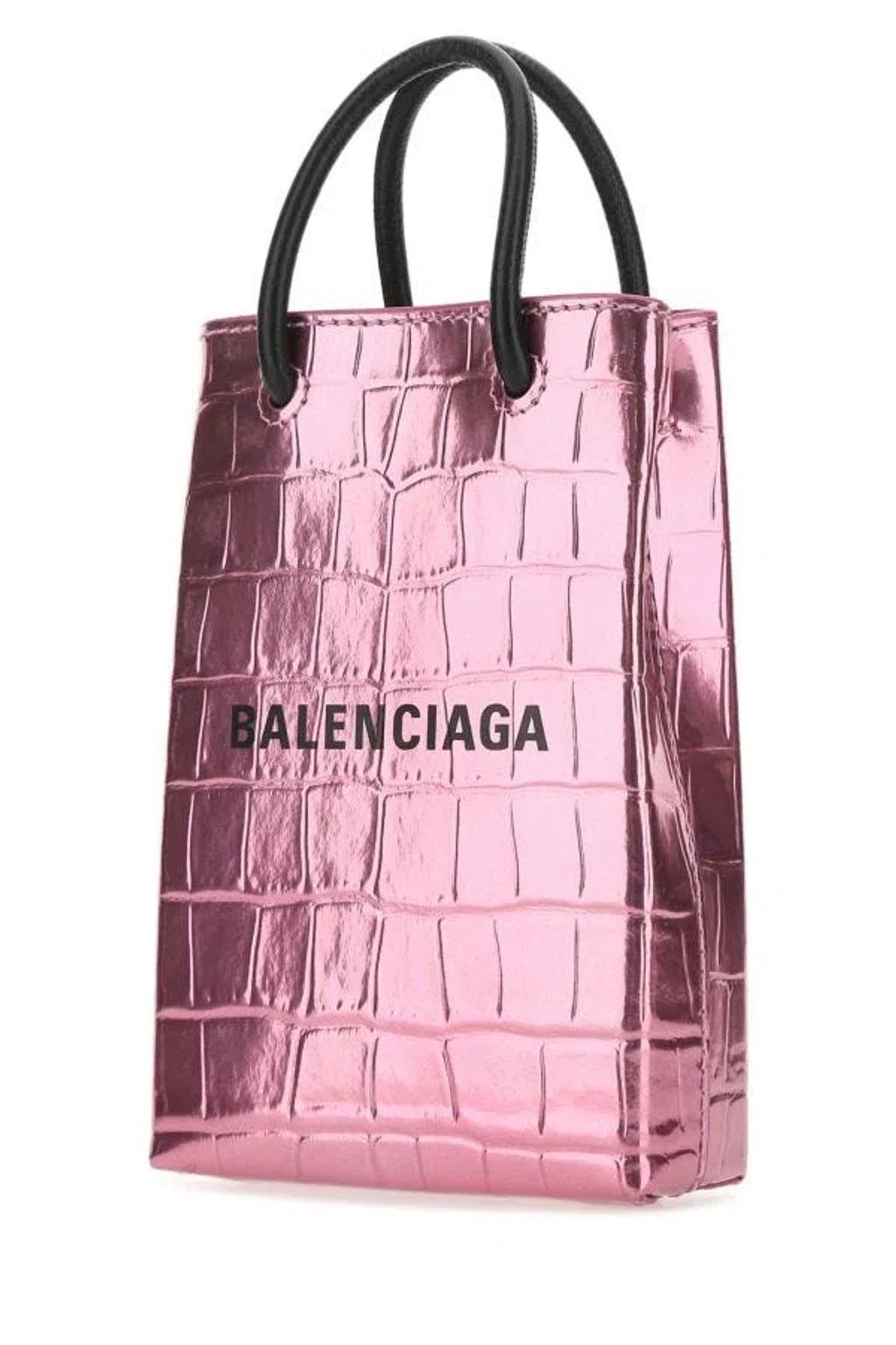 BALENCIAGA Woman Pink Leather Phone Case In Metallic Product Image