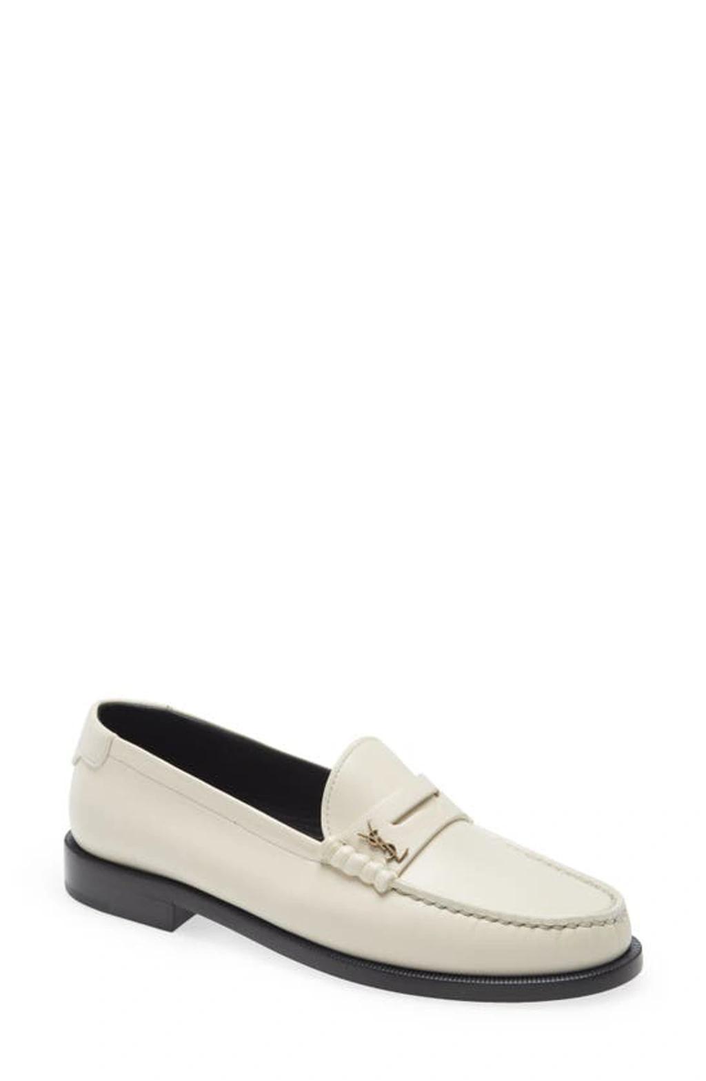 SAINT LAURENT Monogram-plaque Slip-on Loafers In Pearl Product Image