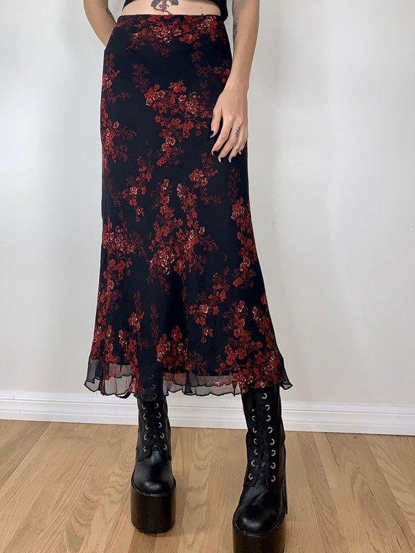 Mesh Paneled Floral Midi Skirt Product Image