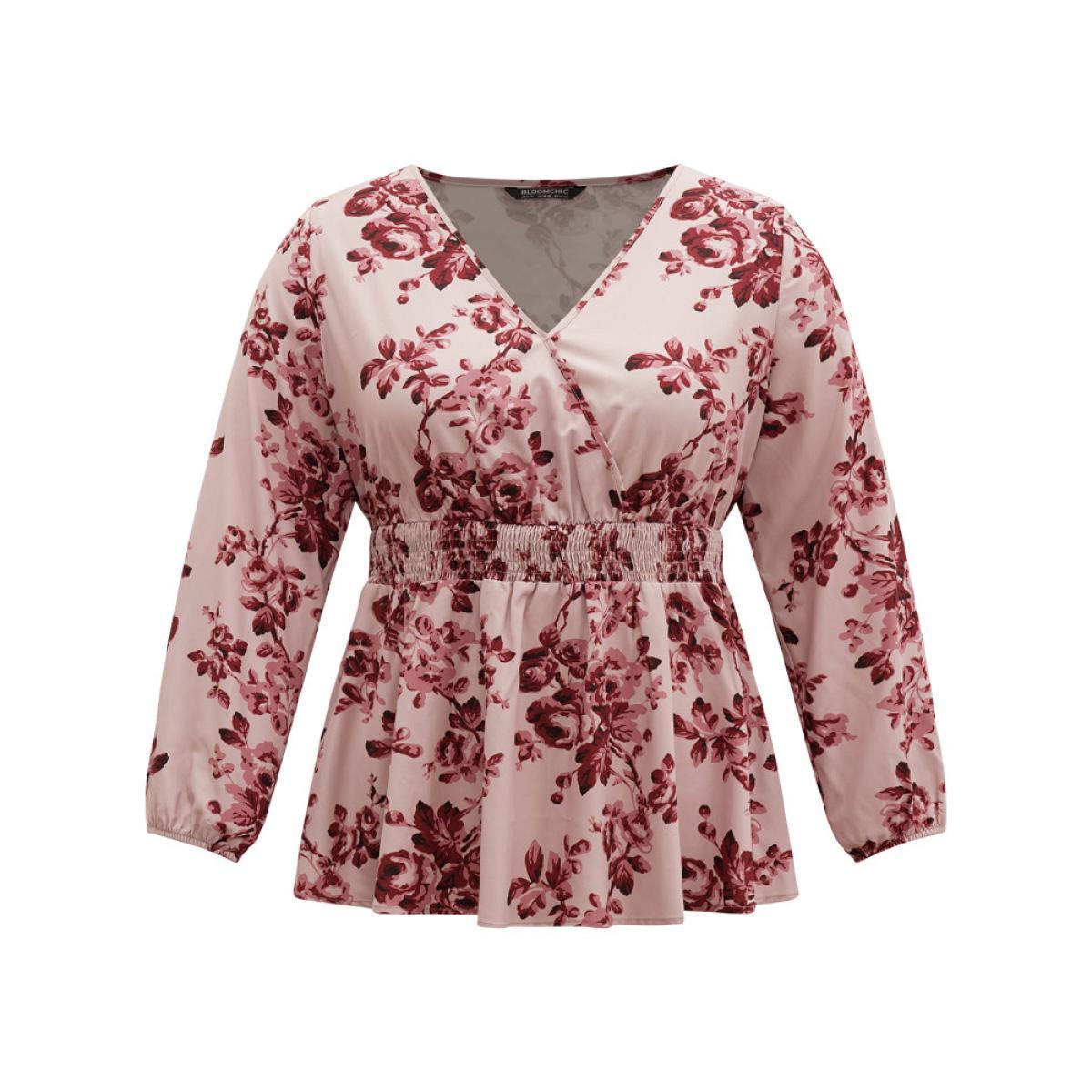 Plus Size Burgundy Floral Print Shirred Surplice Neck Blouse Women Elegant Long Sleeve Overlap Collar Everyday Blouses BloomChic 18-20/2X Product Image