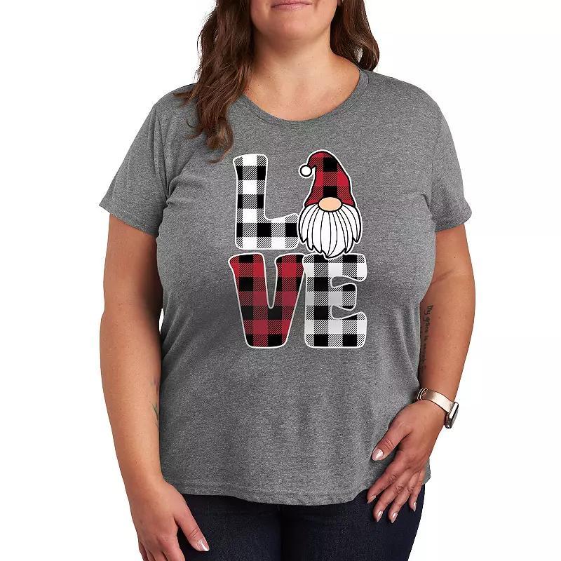 Plus Love Gnome Plaid Graphic Tee, Womens Heather Grey Product Image