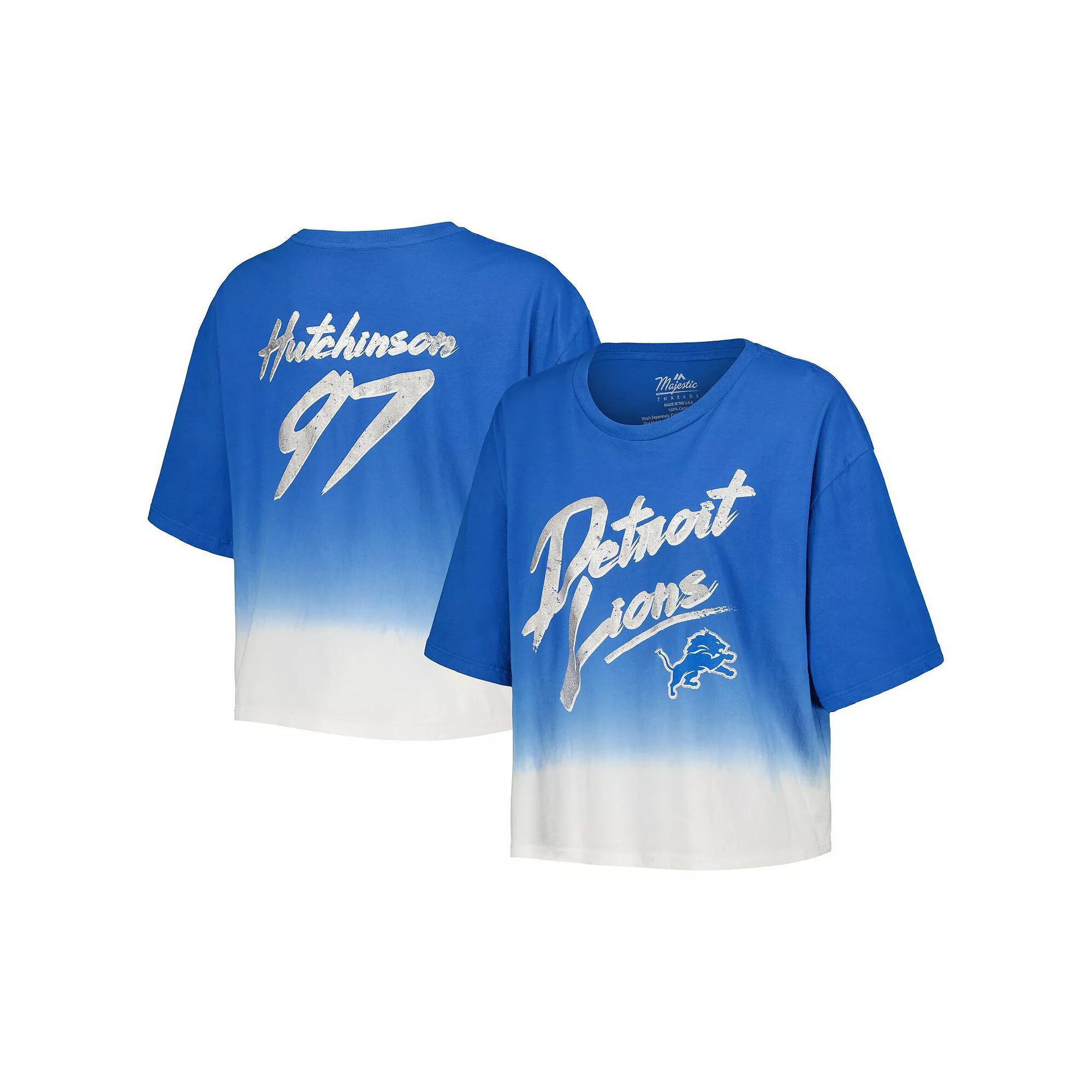 Women's Majestic Threads Aidan Hutchinson Blue/White Detroit Lions Dip-Dye Player Name & Number Crop Top, Size: 2XL Product Image