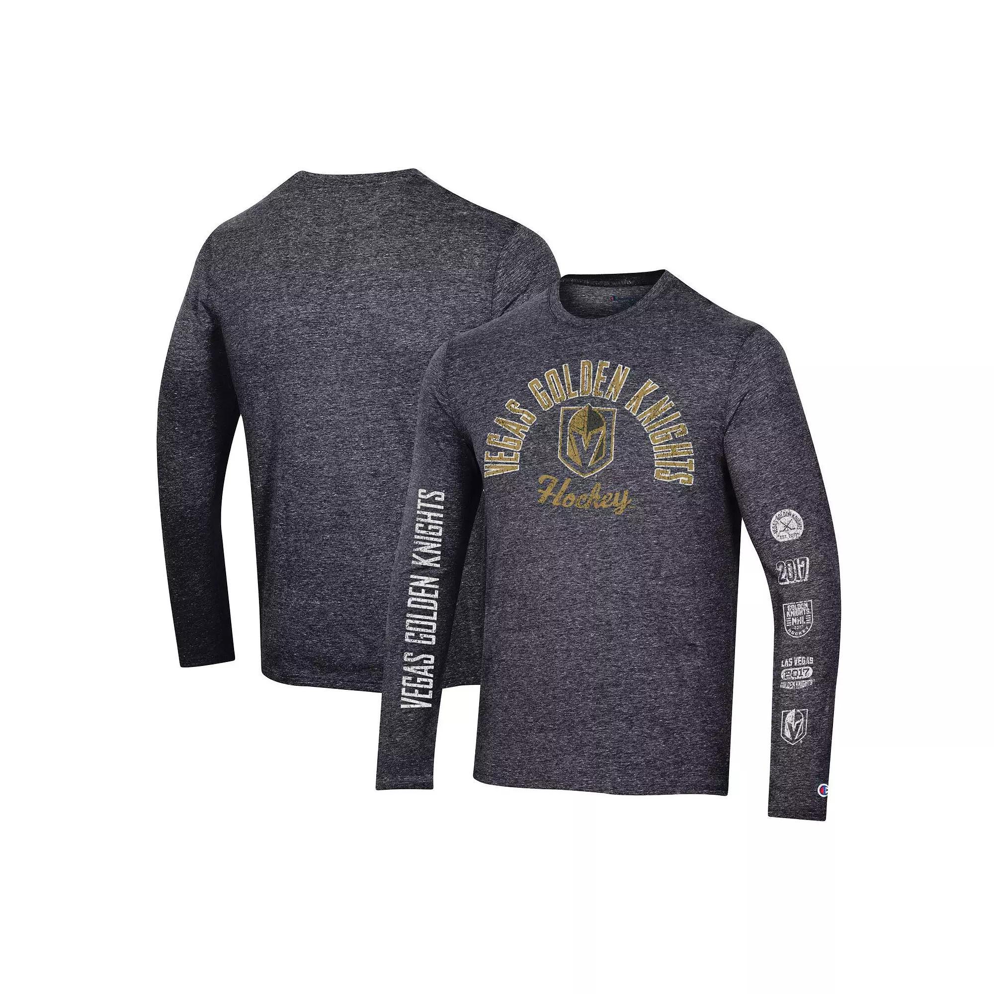 Men's Champion Black Vegas Golden Knights Multi-Logo Tri-Blend Long Sleeve T-Shirt, Size: Small, Lvk Black Product Image