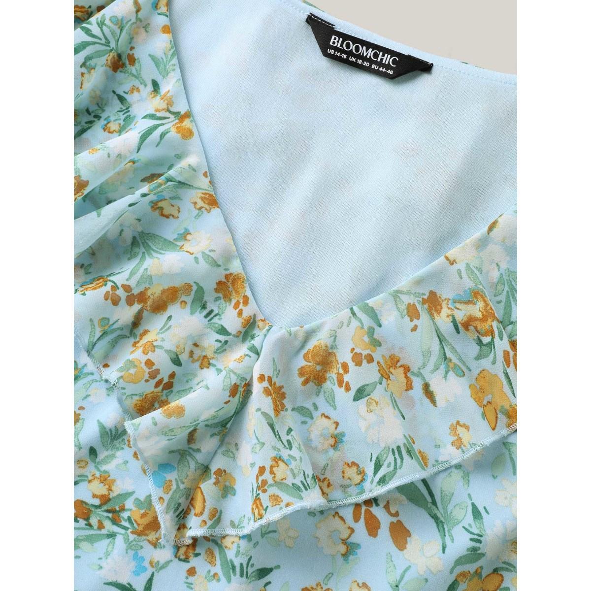 Plus Size LightBlue Floral Print Ruffled Layered Sleeve Blouse Women Romantic Short sleeve V-neck Elegant Blouses BloomChic 10/M Product Image