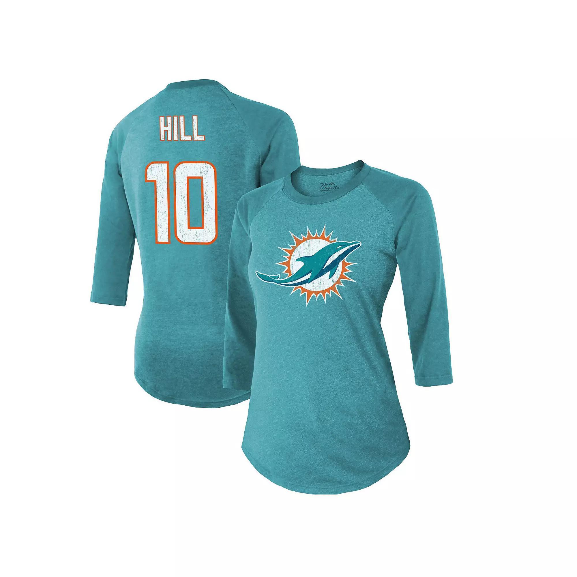 Women's Majestic Threads Tyreek Hill Aqua Miami Dolphins Name & Number Raglan 3/4 Sleeve T-Shirt,  Product Image