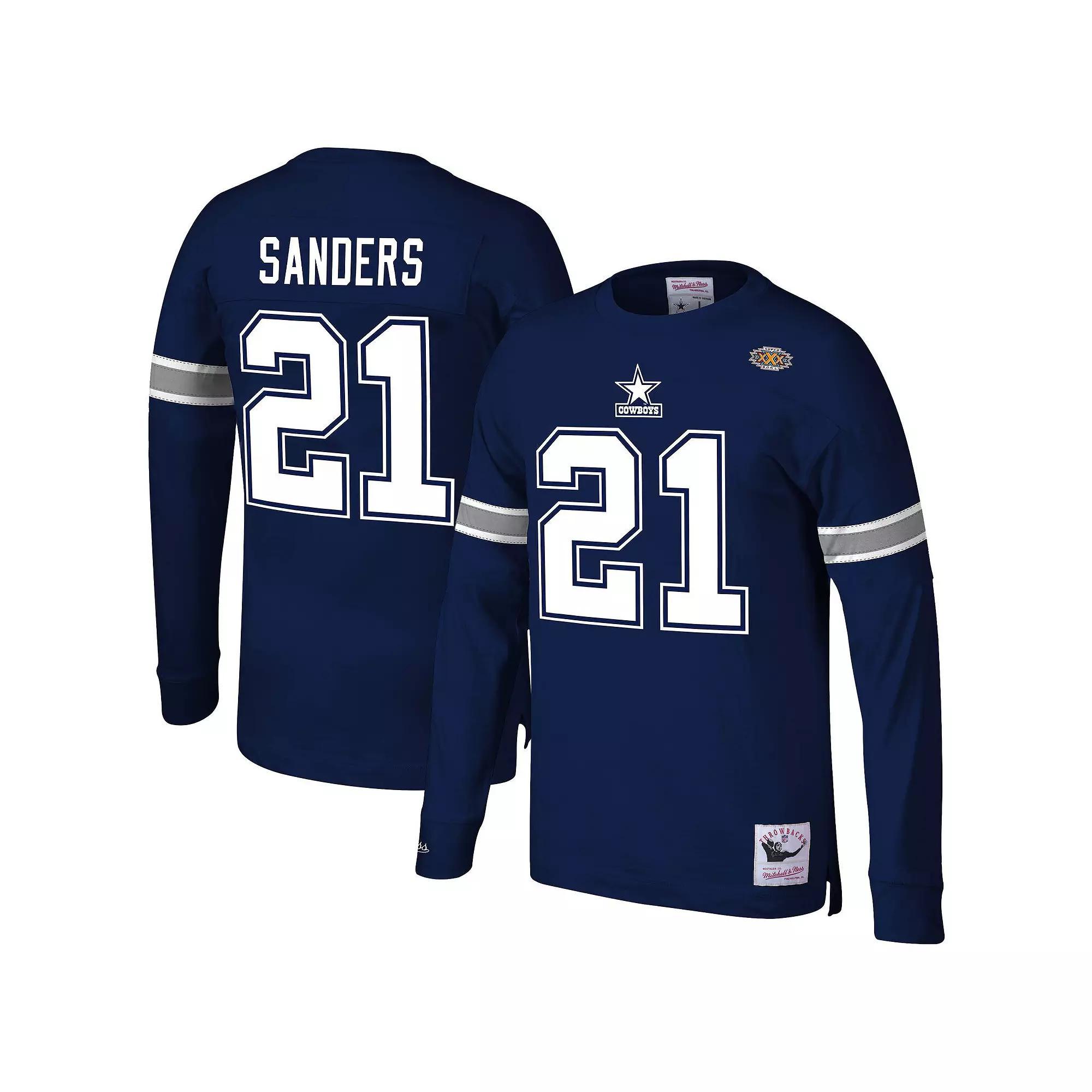 Men's Mitchell & Ness Deion Sanders Navy Dallas Cowboys Retired Player Name & Number Long Sleeve Top,  Product Image