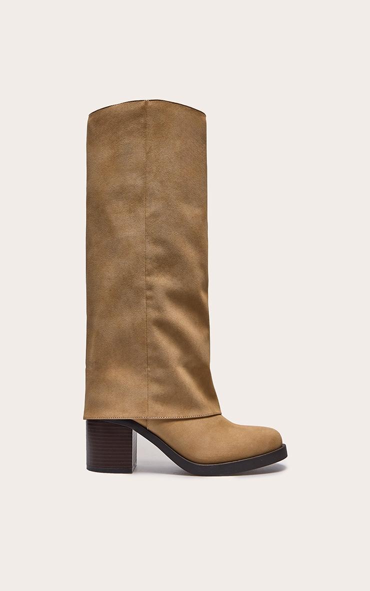 Camel Faux Nubuck Round Toe Fold Over Low Block Heel Boots Product Image