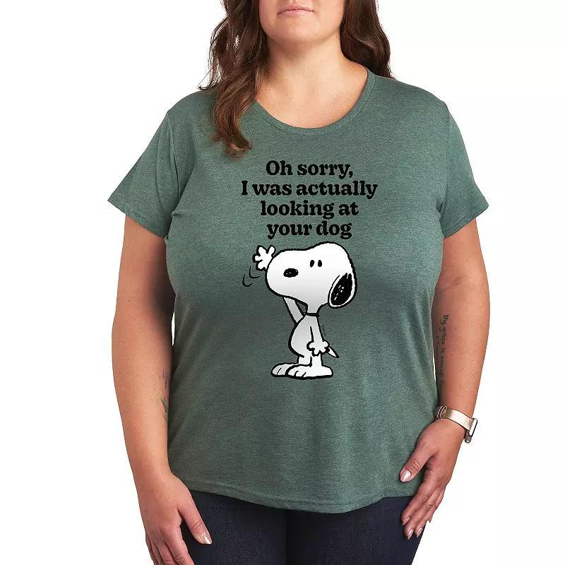 Plus Peanuts Snoopy Looking At Your Dog Graphic Tee, Women's, Size: 2XL, Grey Green Product Image