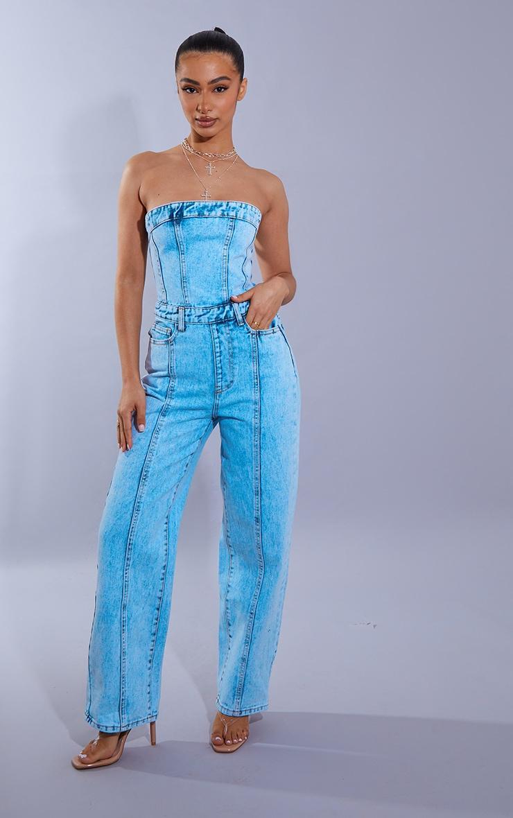 Petite Acid Blue Wash Bandeau Denim Jumpsuit Product Image