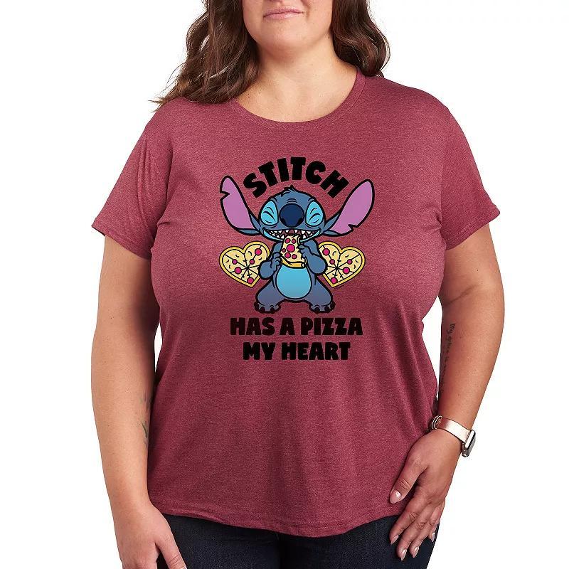 Disneys Lilo & Stitch Plus Pizza My Heart Graphic Tee, Womens Grey Dark Red Product Image