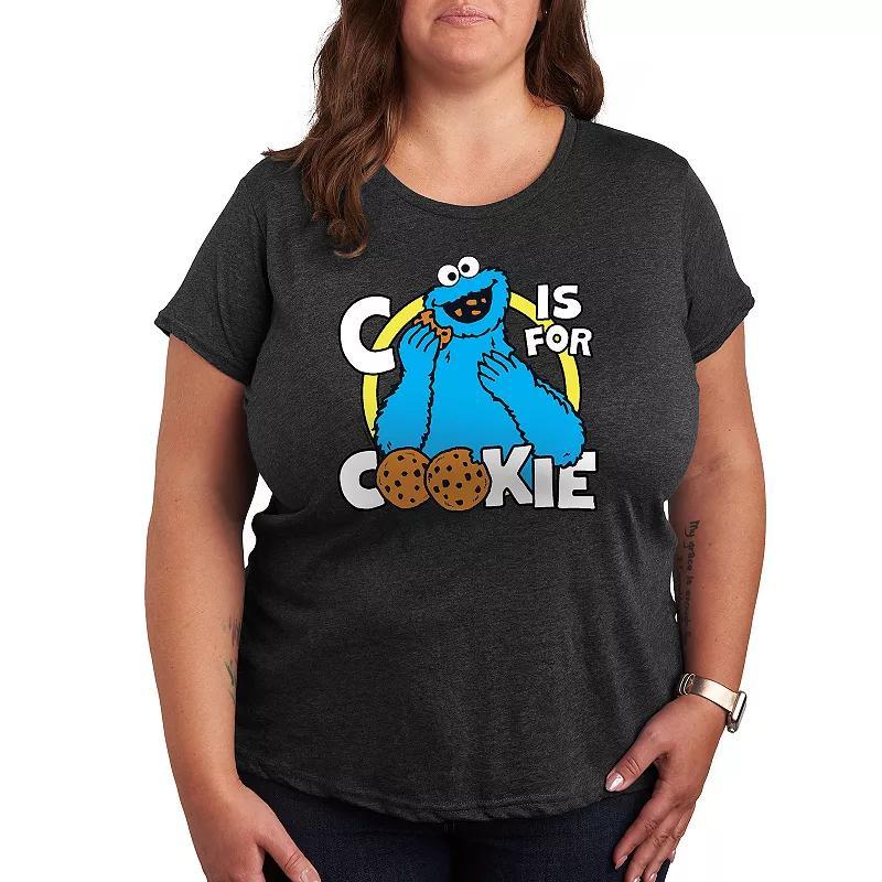 Plus Sesame Street Cookie Monster Graphic Tee, Womens Heather Grey Product Image