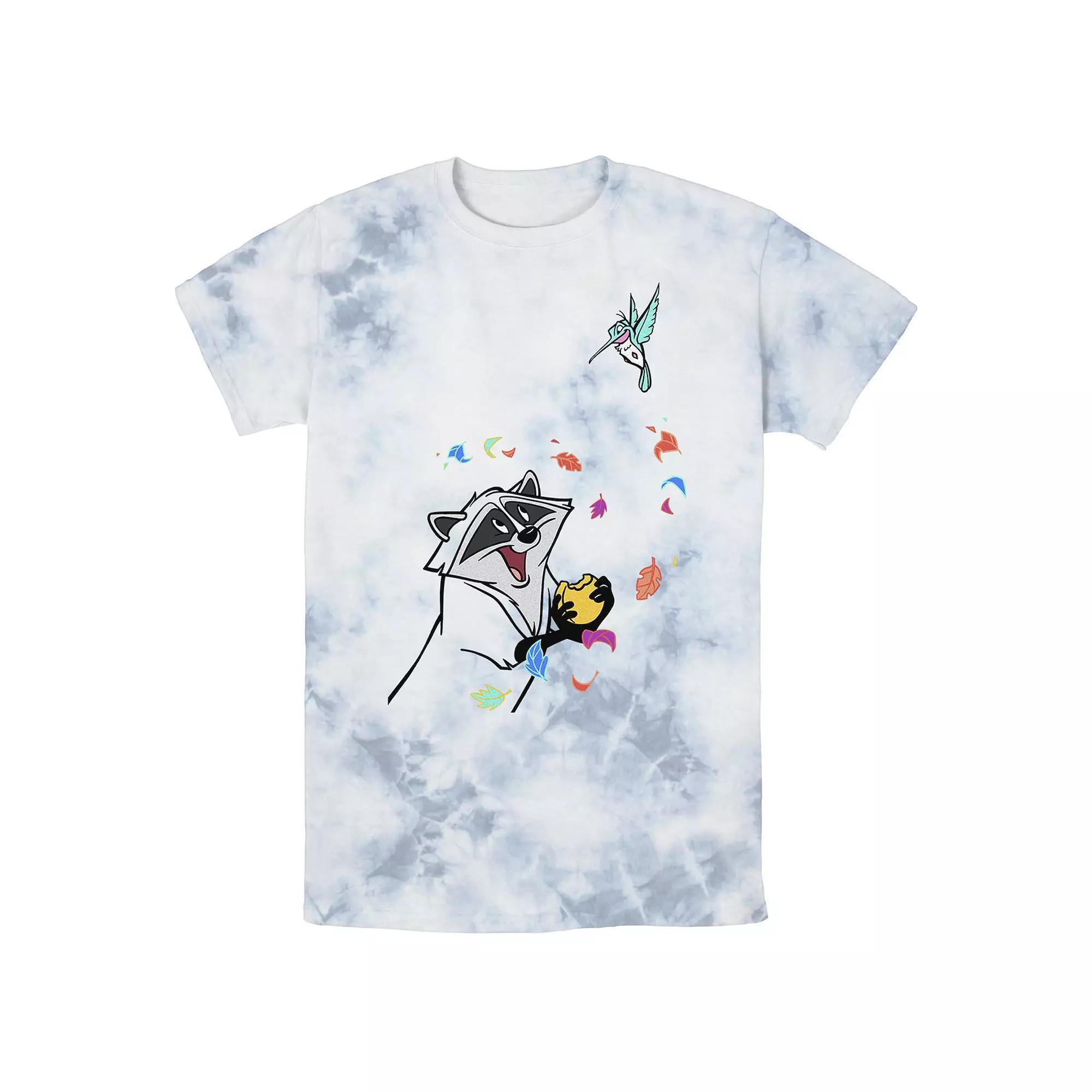 Men's Disney Pocahontas Meeko Flit Colorful Leafs Fall Bomabrd Wash Tee, Size: Medium, White Blue Product Image