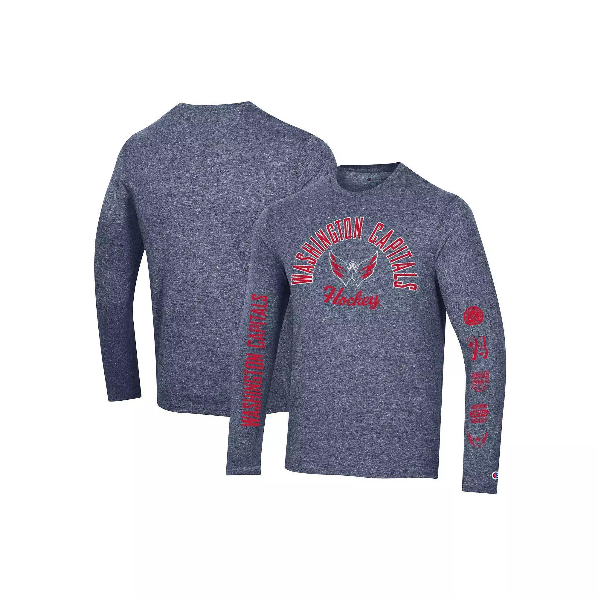 Men's Champion Heather Navy Washington Capitals Multi-Logo Tri-Blend Long Sleeve T-Shirt,  Product Image