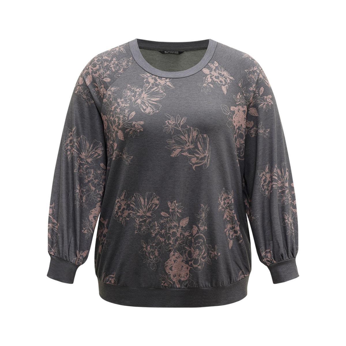 Plus Size Floral Print Round Neck Raglan Sleeve Sweatshirt Women Gray Elegant Heather Round Neck Dailywear Sweatshirts BloomChic 14-16/1X Product Image