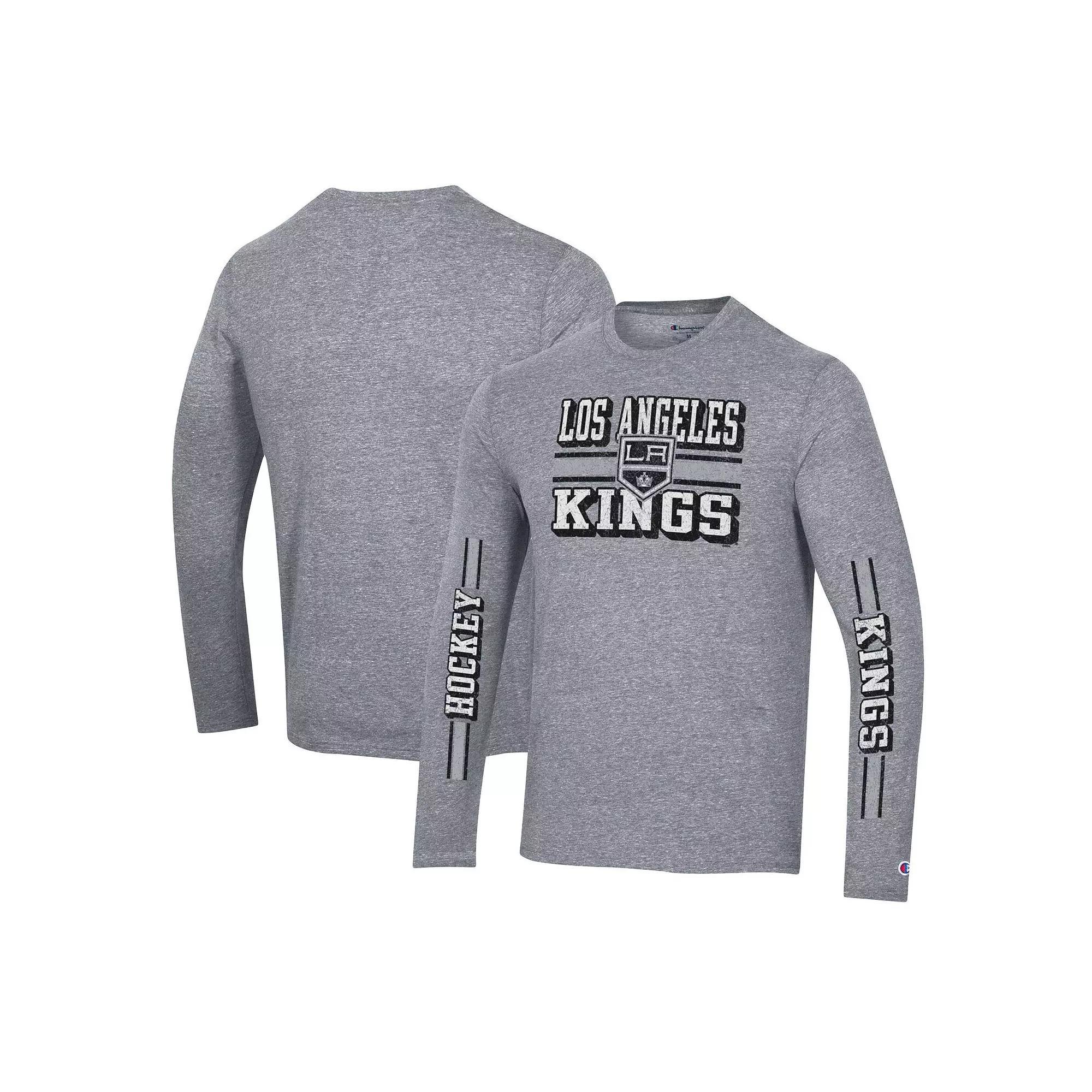 Men's Champion Heather Gray Los Angeles Kings Tri-Blend Dual-Stripe Long Sleeve T-Shirt, Size: Small, Kgs Grey Product Image