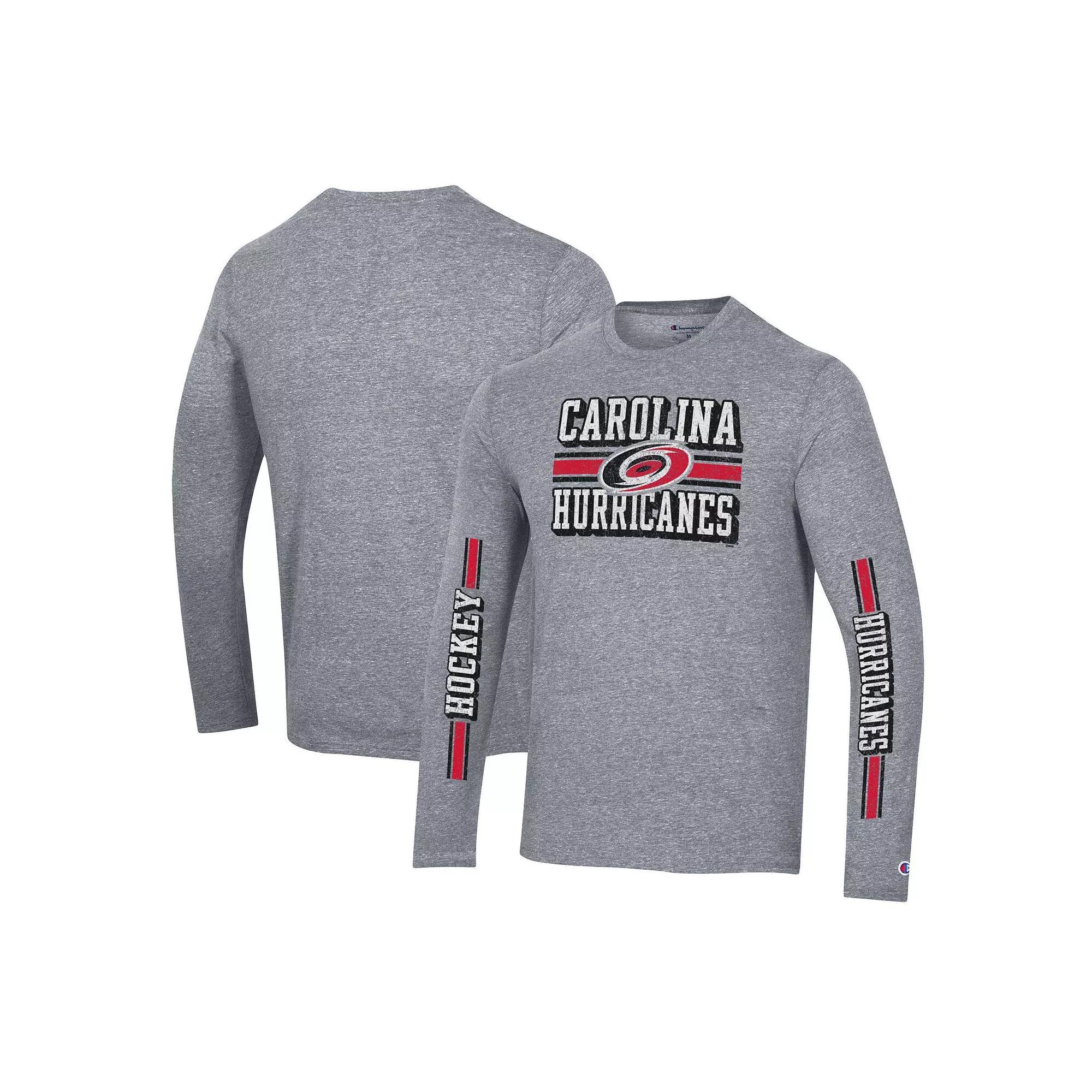 Men's Champion Heather Gray Carolina Hurricanes Tri-Blend Dual-Stripe Long Sleeve T-Shirt, Size: Small, Grey Product Image