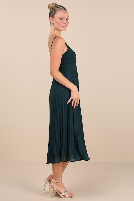 Wondrous Muse Emerald Pleated One-Shoulder Midi Dress Product Image