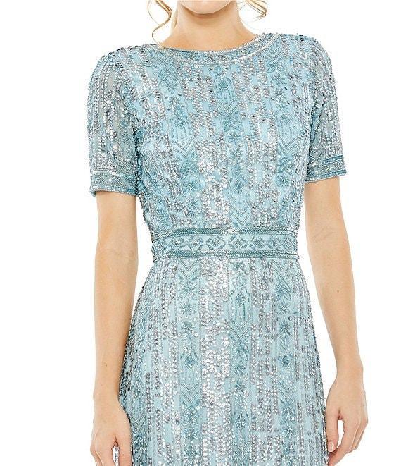 Mac Duggal Short Sleeve Sequined Beaded Sheath Midi Dress Product Image