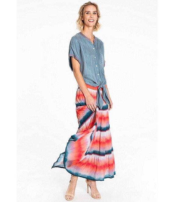 John Mark Button Up Tie Front Short Kimono Sleeve Split Round Neck Embroidered Blouse Product Image