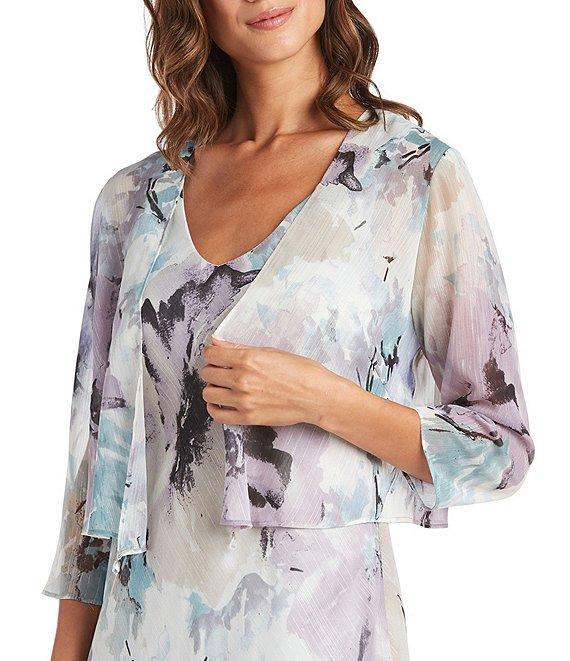 R & M Richards Watercolor Floral Printed Chiffon V-Neck Tiered Ruffle High-Low Hem 3/4 Sleeve 2-Piece Jacket Dress Product Image