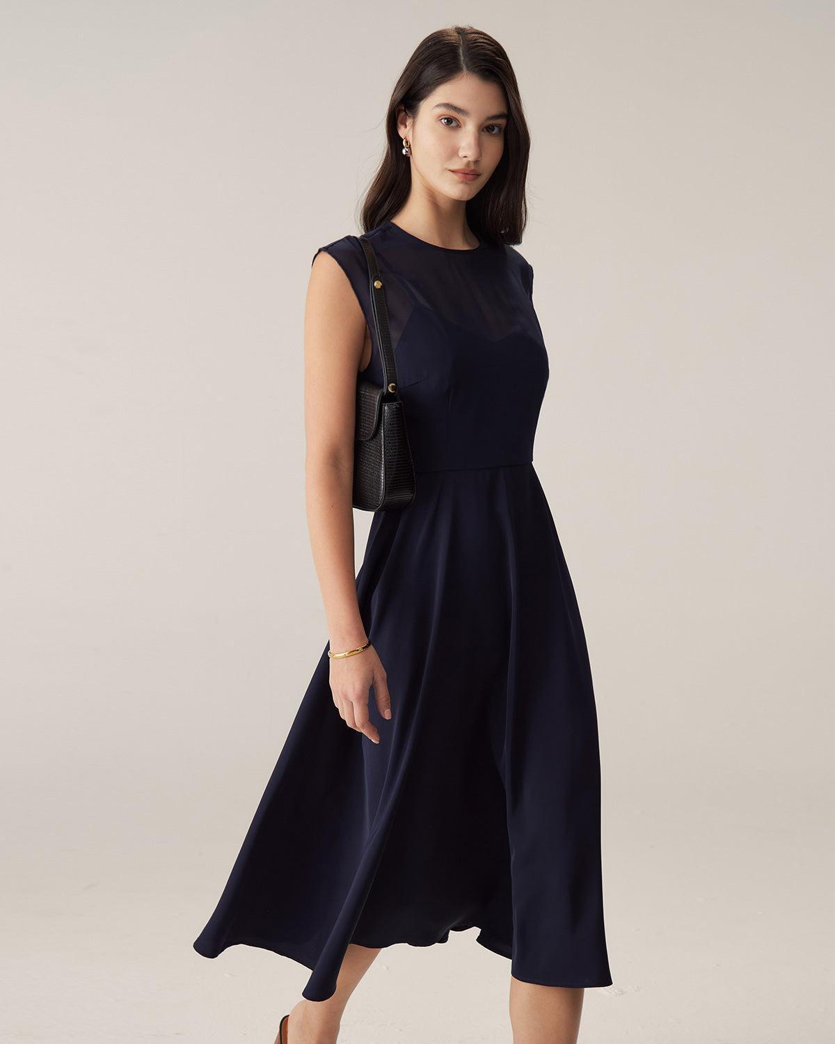 Navy See-through Cap Sleeve Midi Dress Product Image