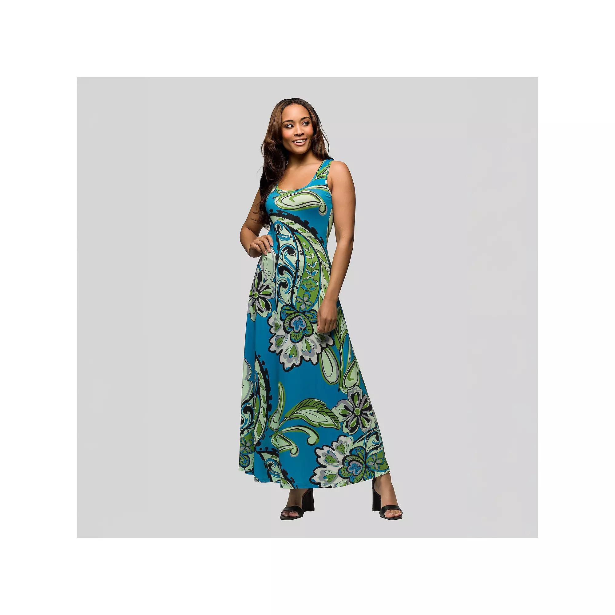 Women's 24seven Comfort Apparel Paisley Print Scoop Neck A-Line Sleeveless Maxi Dress,  Product Image