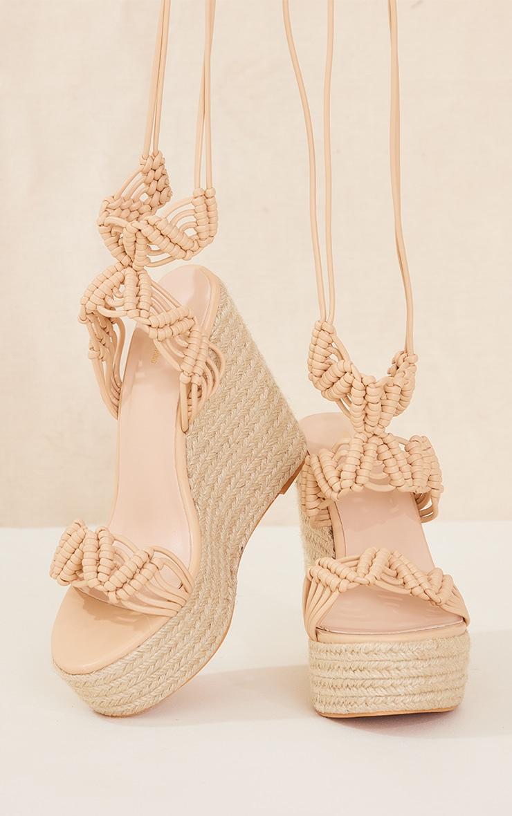 Beige Pu Woven Lace Up Espadrille Heeled Wedges Product Image