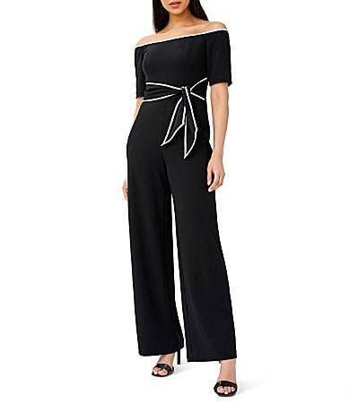 Adrianna Papell Off-the-Shoulder Knit Crepe Tie Waist Jumpsuit Women's Jumpsuit & Rompers One Piece Product Image