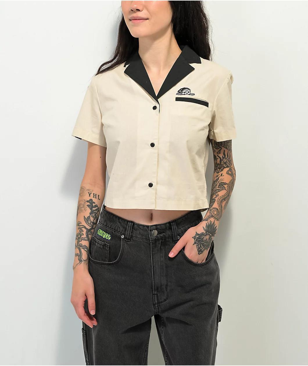 Lurking Class by Sketchy Tank Look Work Tan Crop Woven Shirt Product Image