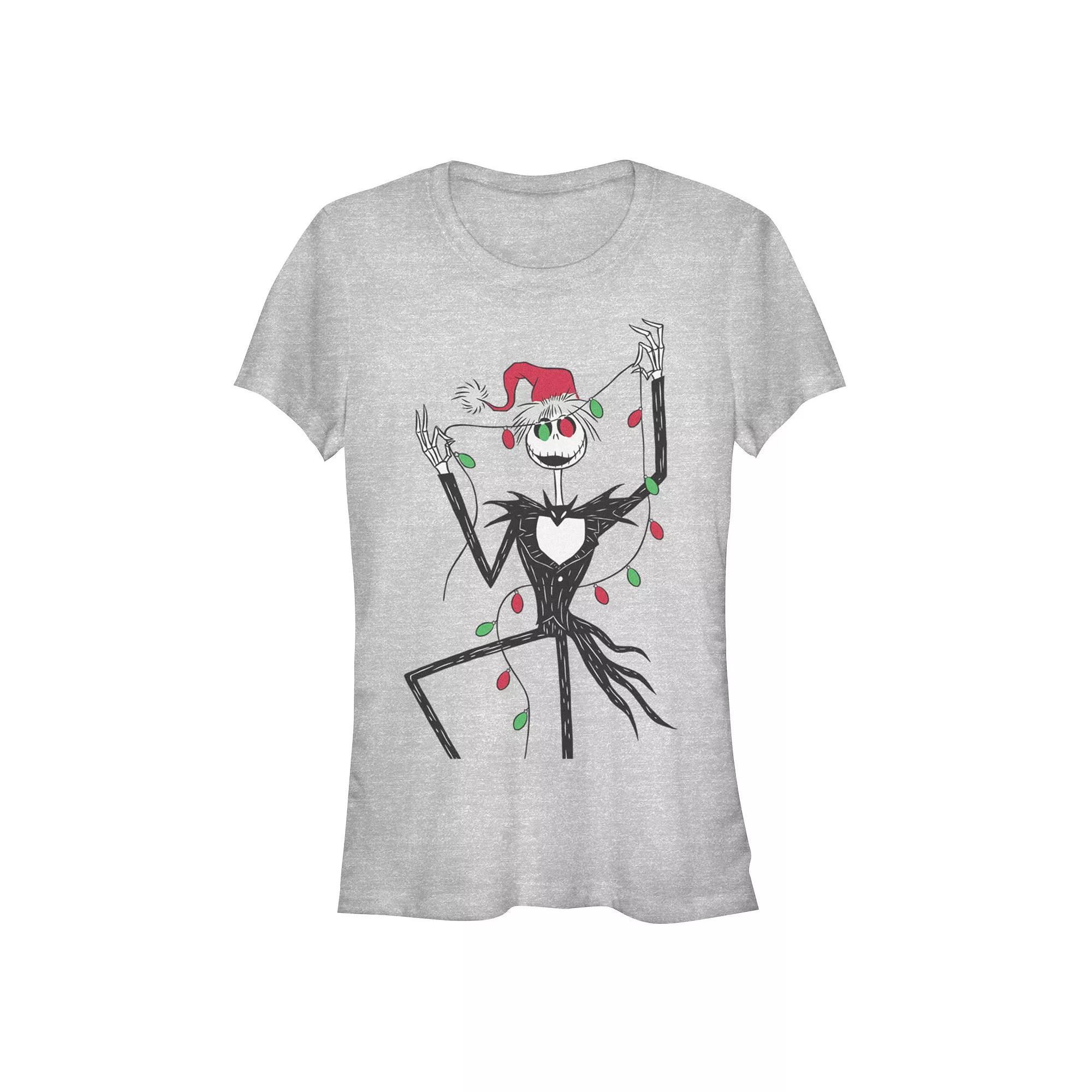 Disney's The Nightmare Before Christmas Jack Skellington Holding Christmas Lights Juniors' Fitted Graphic Tee, Girl's, Size: XXL, Athletic Grey Product Image