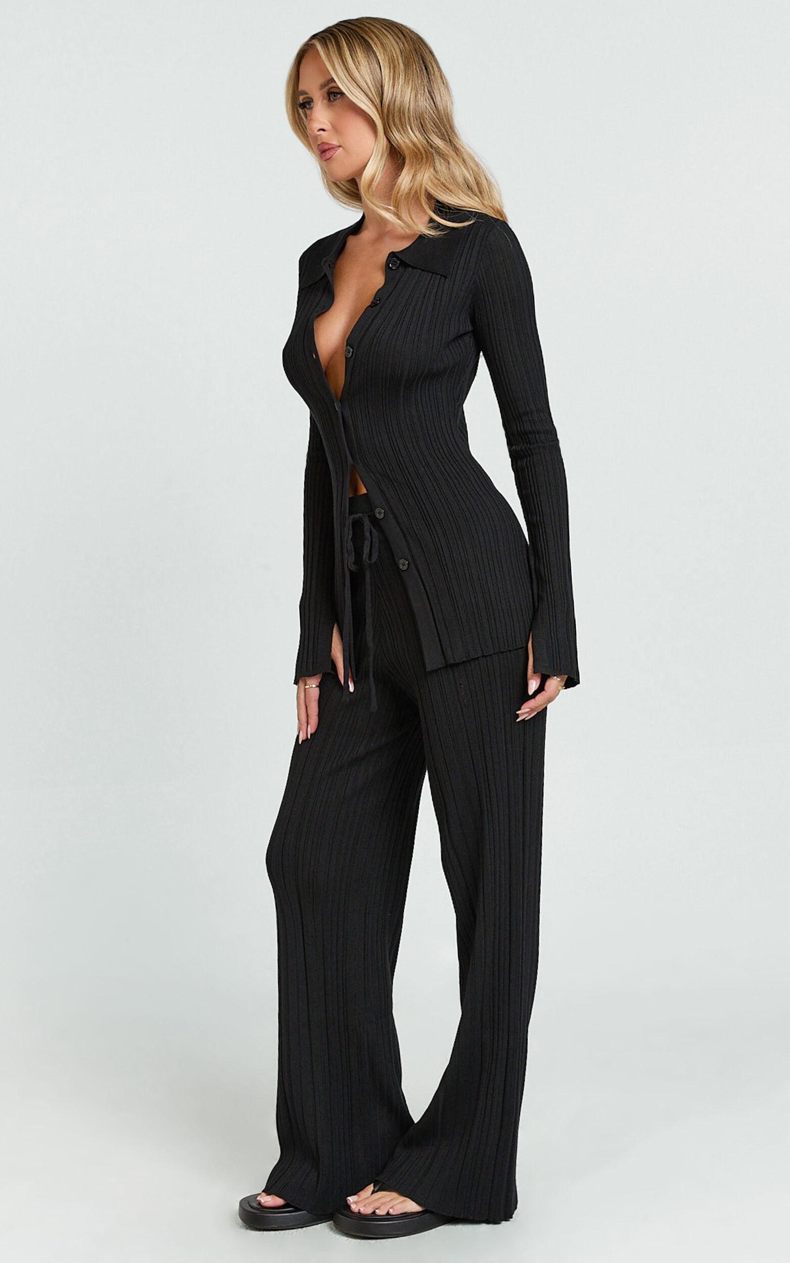 Kelsey Top - Button Through Long Sleeve Knitted Top in Black Product Image