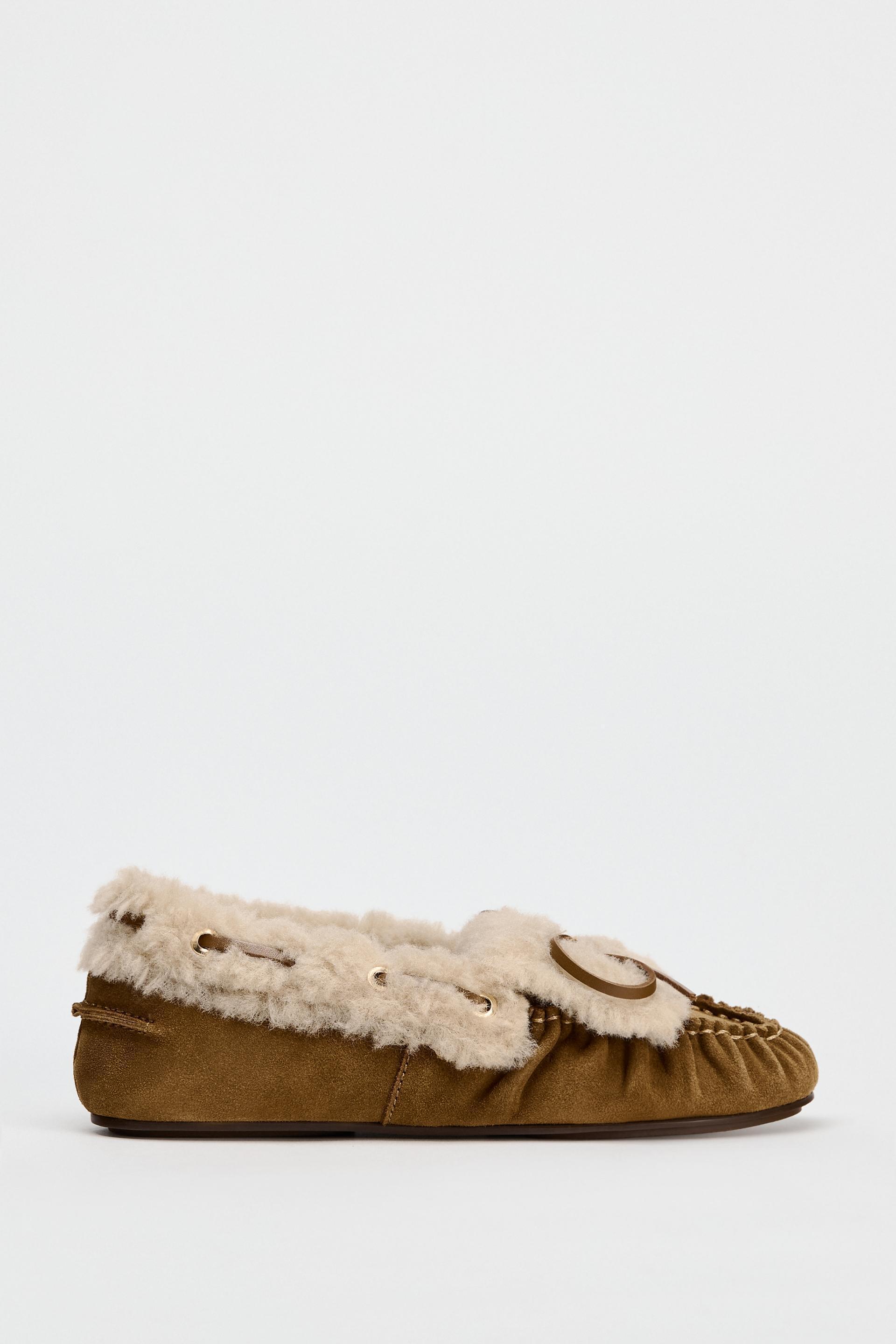 SUEDE LEATHER FAUX FUR FLAT SHOES Product Image