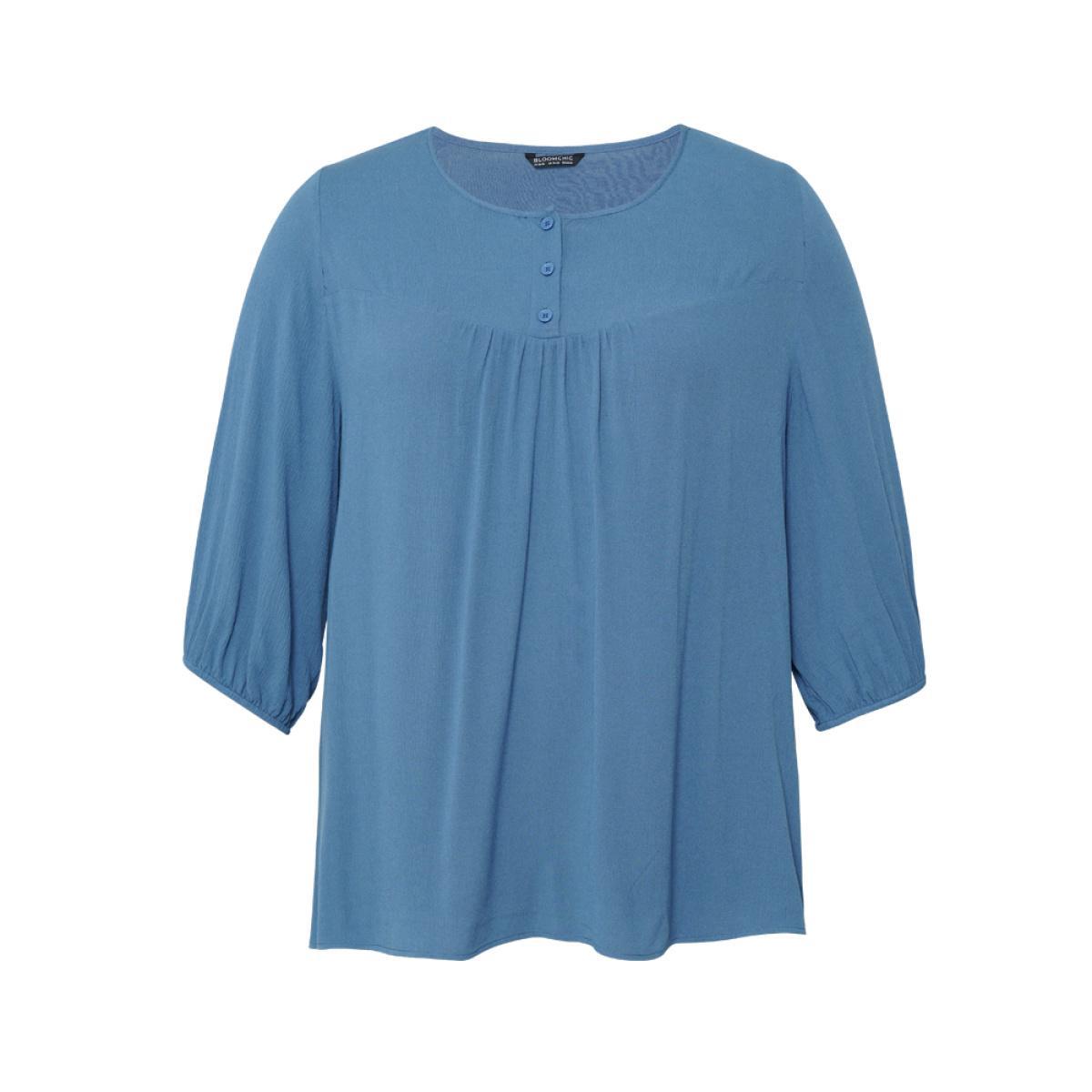 Plus Size Stone Plain Button Up Gathered Lantern Sleeve Blouse Women Elegant Elbow-length sleeve Round Neck Dailywear Blouses BloomChic 14-16/1X Product Image