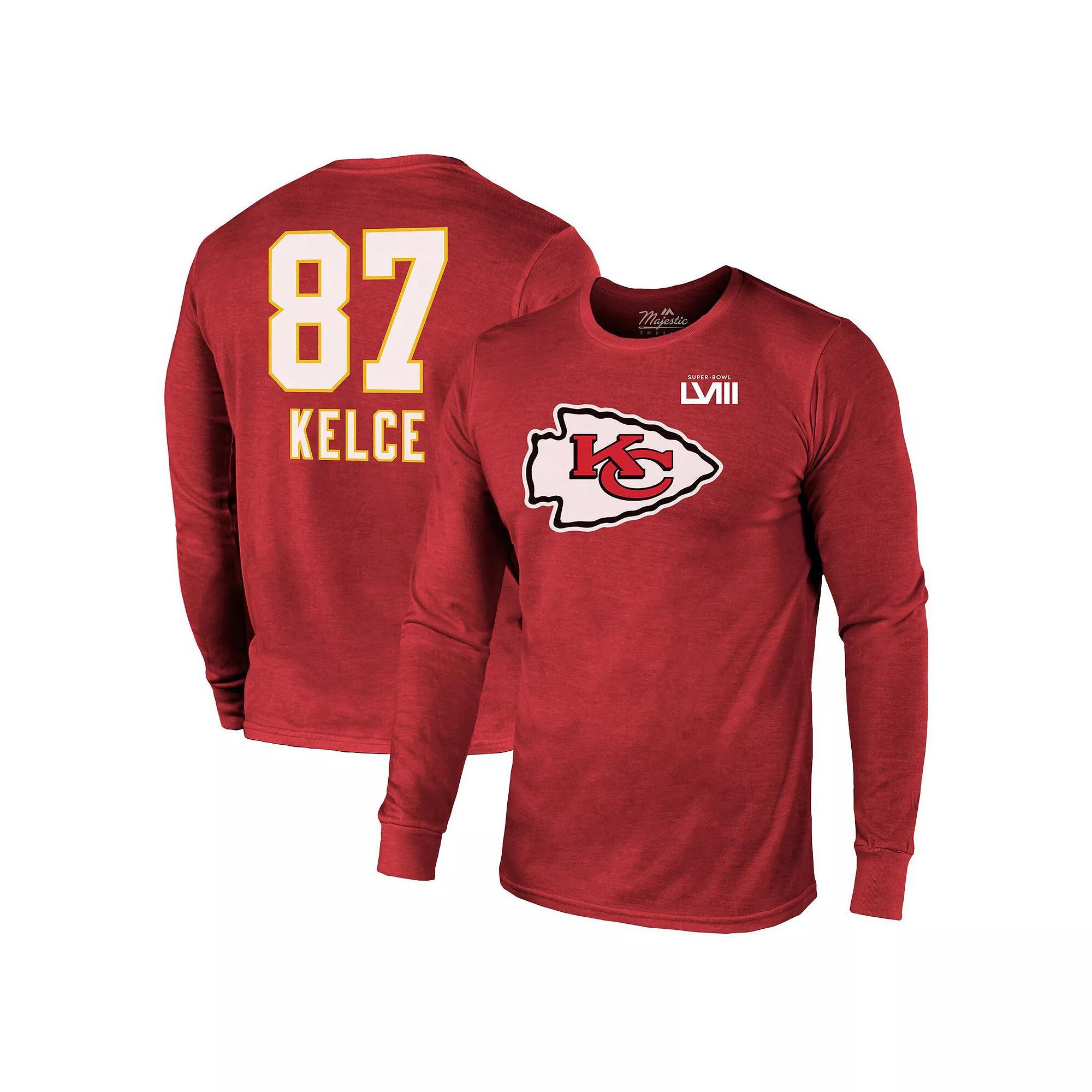 Men's Majestic Threads Travis Kelce Red Kansas City Chiefs Super Bowl LVIII Name & Number Tri-Blend Long Sleeve T-Shirt, Size: XL Product Image