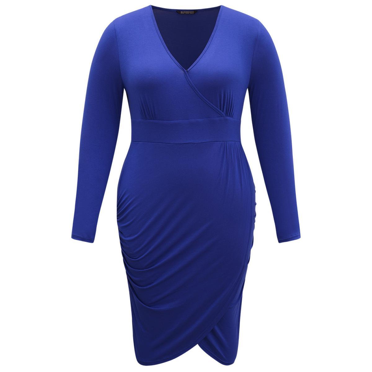 Plus Size Solid Wrap Hem Gathered Dress Blue Women Glamour Plain V-neck Long Sleeve Curvy Knee Dress BloomChic 12/L Product Image