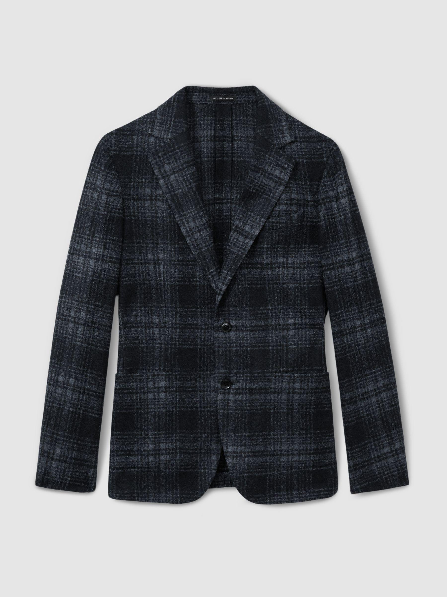 Single Breasted Checked Blazer with Wool in Navy Product Image
