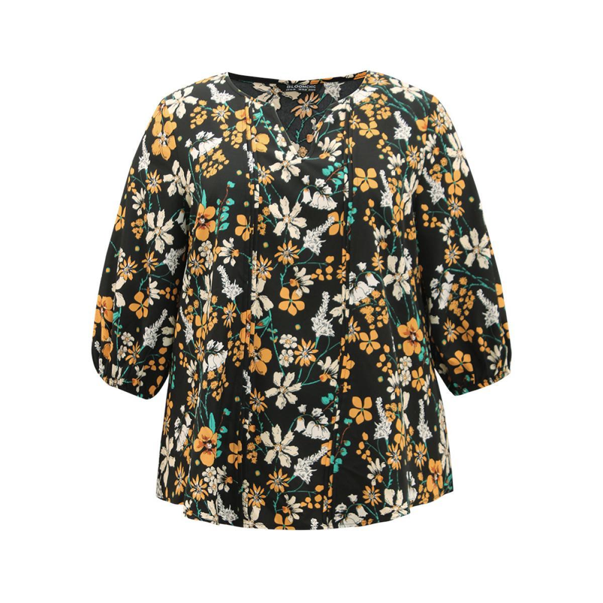 Plus Size Black Floral Print Pleated Notched Lantern Sleeve Blouse Women Elegant Elbow-length sleeve Notched collar Dailywear Blouses BloomChic 10/M Product Image