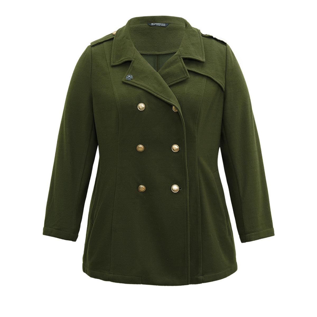 Plus Size Plain Double Breasted Lapel Collar Coat Women ArmyGreen Casual Plain Ladies Dailywear Winter Coats BloomChic 10/M Product Image