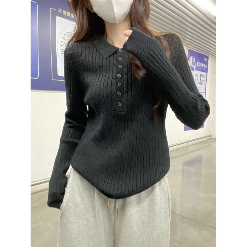 Plain Cable Knit Polo Sweater Product Image