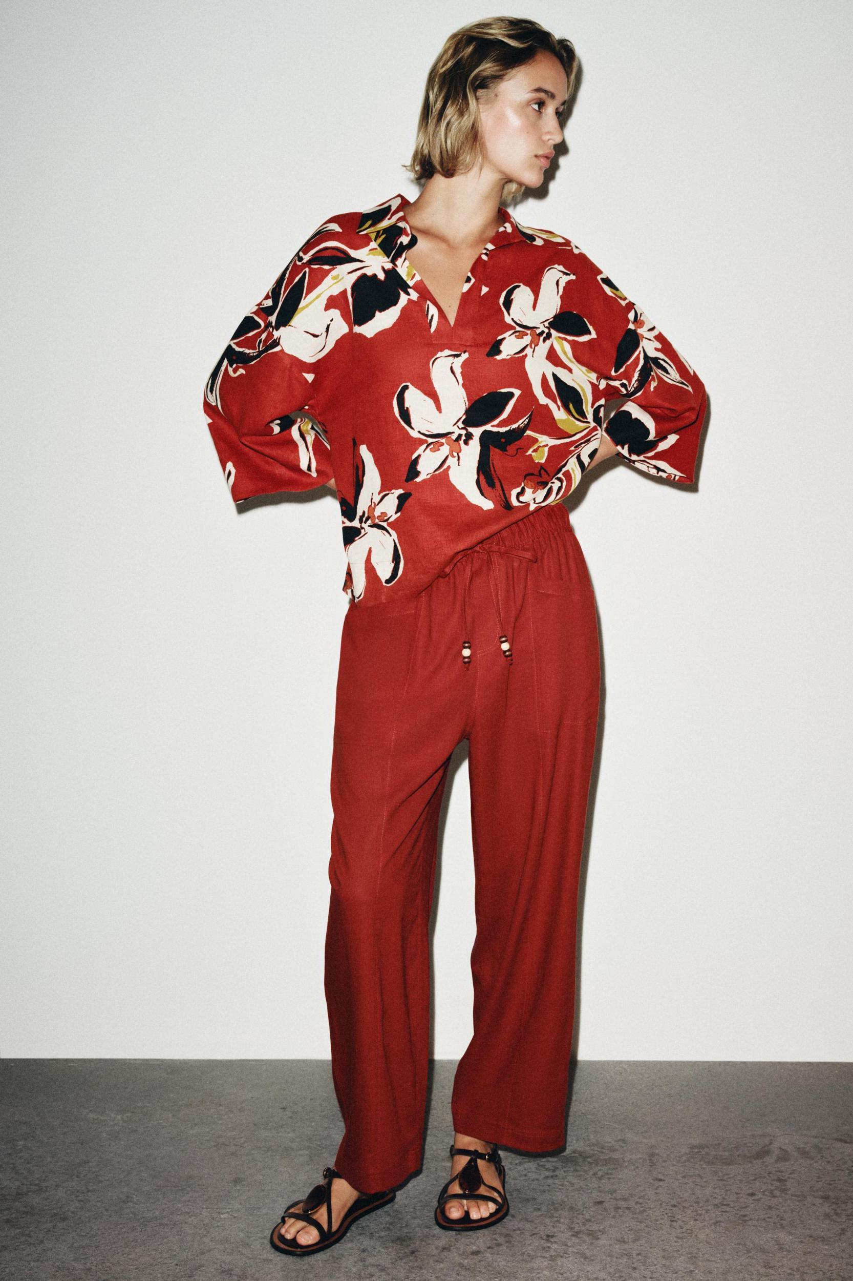 LINEN BEADED DRAWSTRING PANTS Product Image