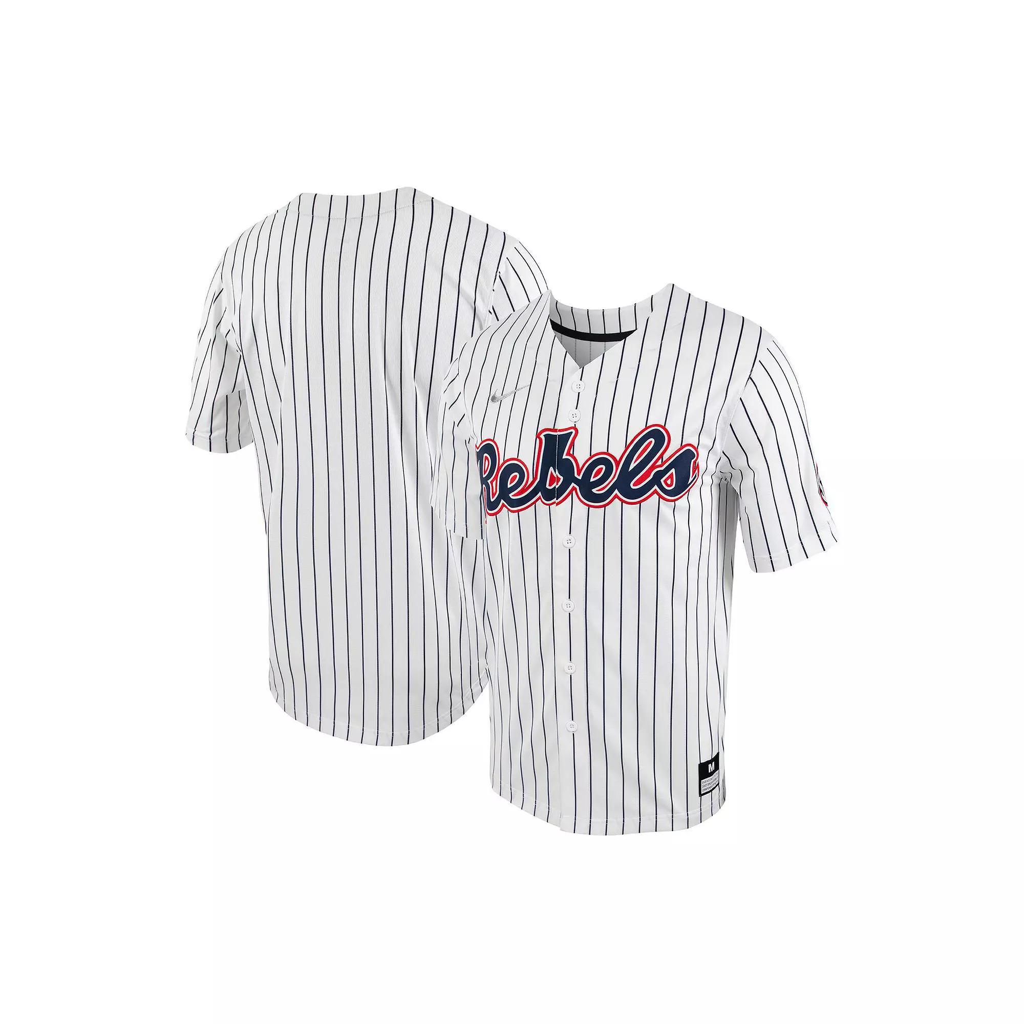 Men's Nike White/Navy Ole Miss Rebels Pinstripe Replica Full-Button Baseball Jersey,  Product Image