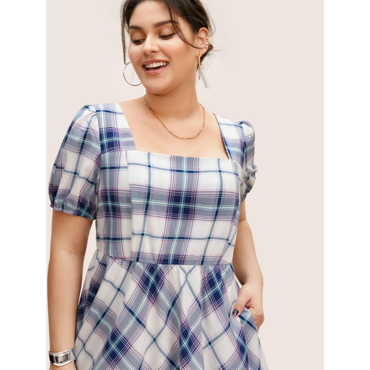 Plus Size Square Neck Plaid Gathered Puff Sleeve Dress DarkBlue Women Casual Gathered Square Neck Short sleeve Curvy BloomChic 18-20/2X Product Image