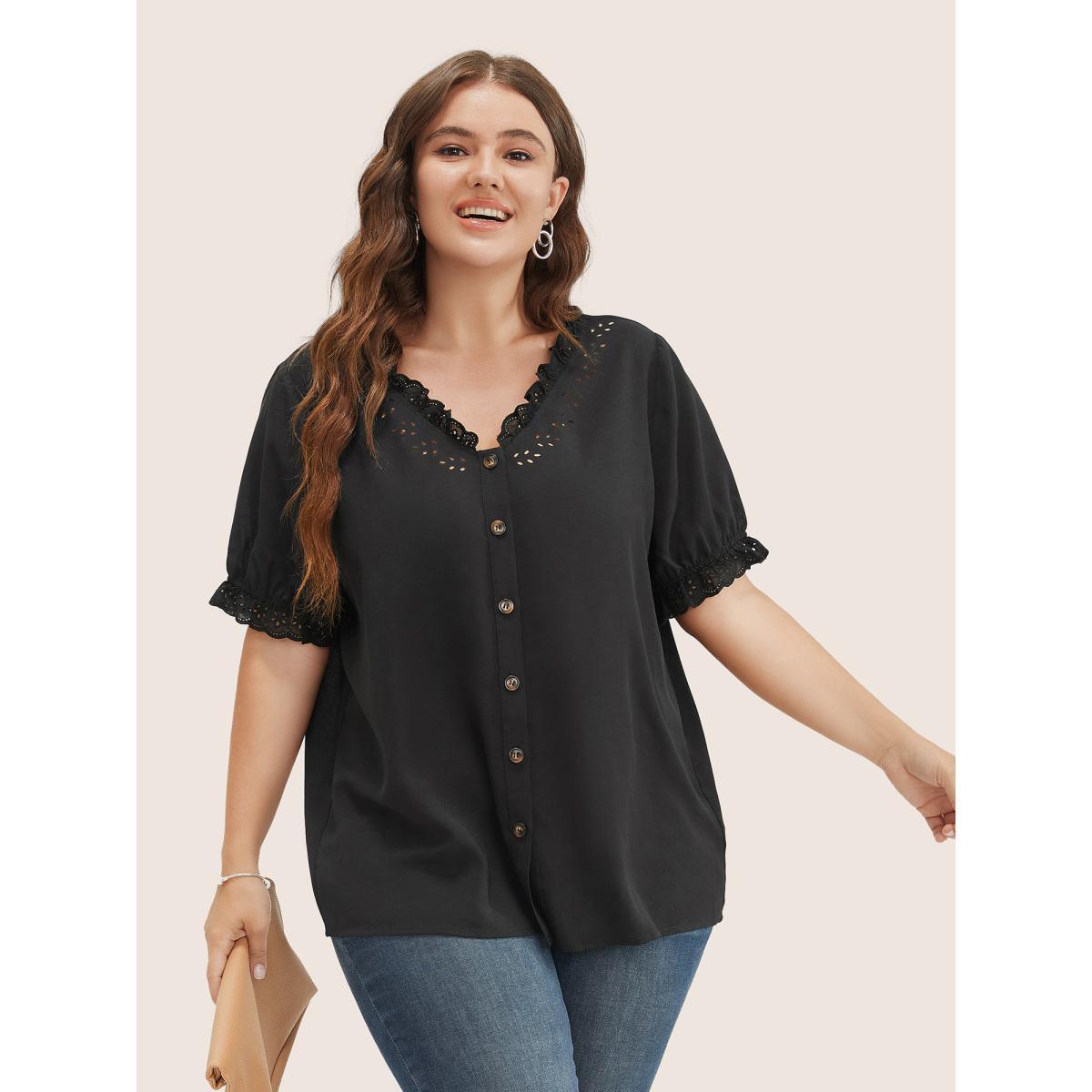 Plus Size Black Solid Lace Trim Button Up Laser Cut Puff Sleeve Blouse Women Elegant Short sleeve V-neck Everyday Blouses BloomChic 10/M Product Image