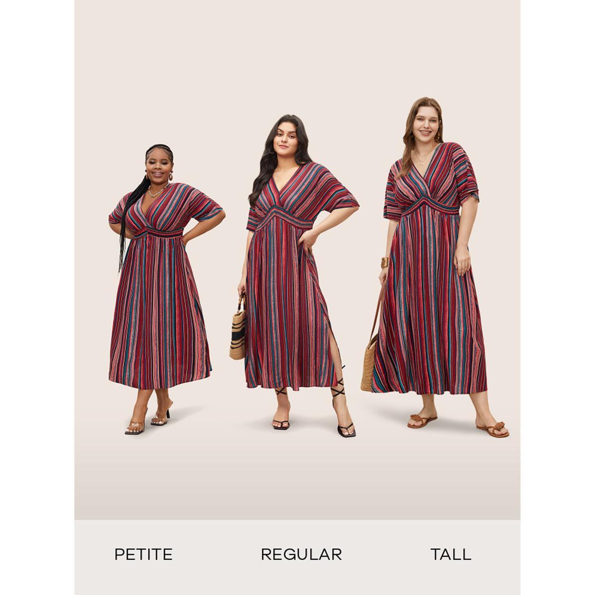 Plus Size Striped Contrast Dolman Sleeve Shirred Pocket Split Flutter Dress Red Women Boho Non V-neck Half Sleeve Curvy BloomChic 18-20/2X Product Image