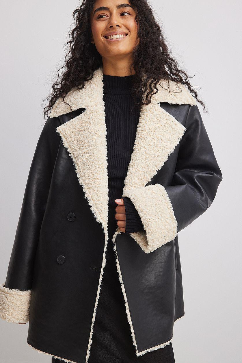 Short Teddy Detail Pu Coat Product Image