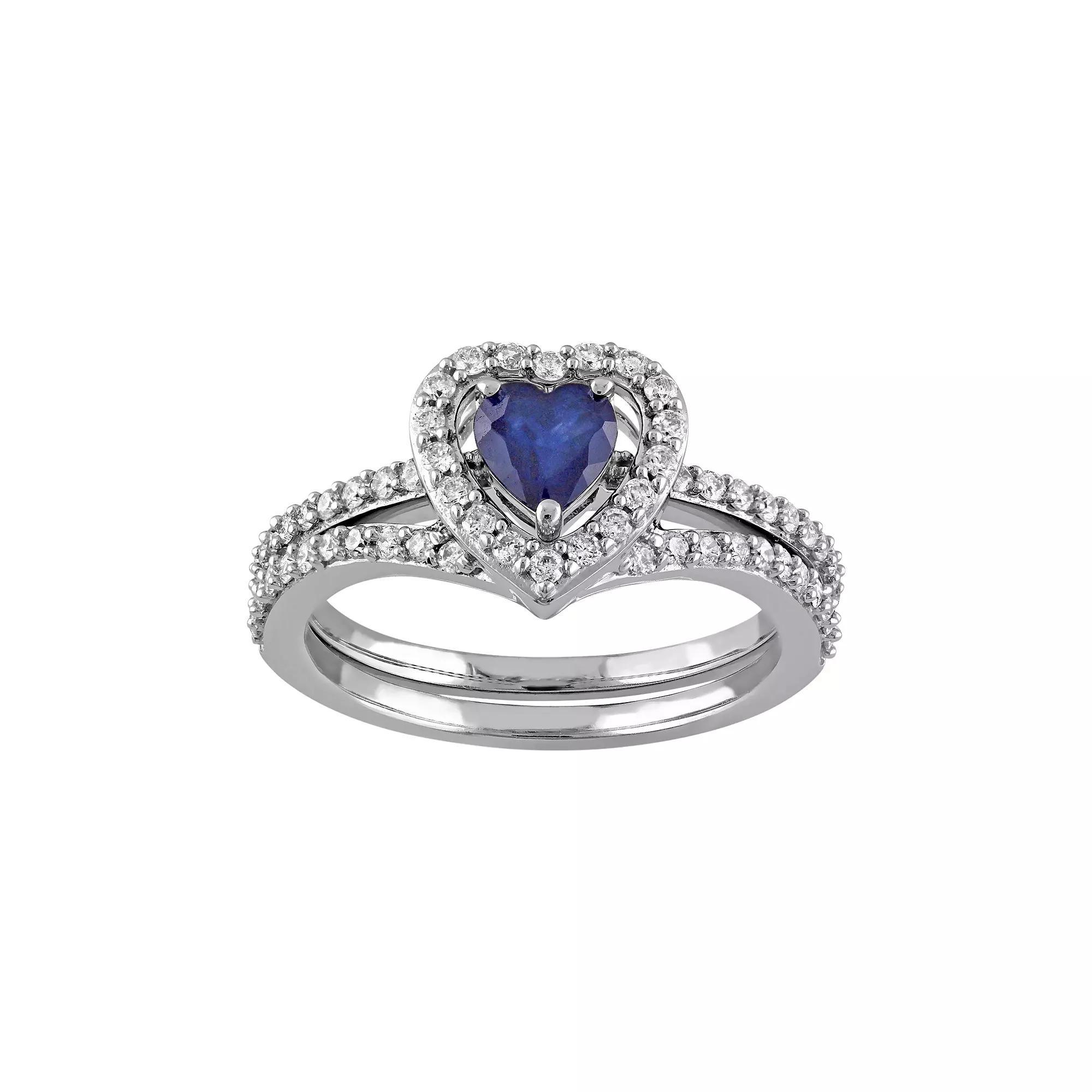 Stella Grace 10k White Gold 1/2 Carat T.W. Diamond & Sapphire Heart Engagement Ring Set, Women's, Size: 9, Blue Product Image