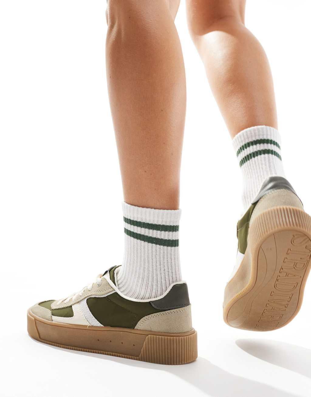 Stradivarius platform sneakers with chunky soles in khaki  Product Image