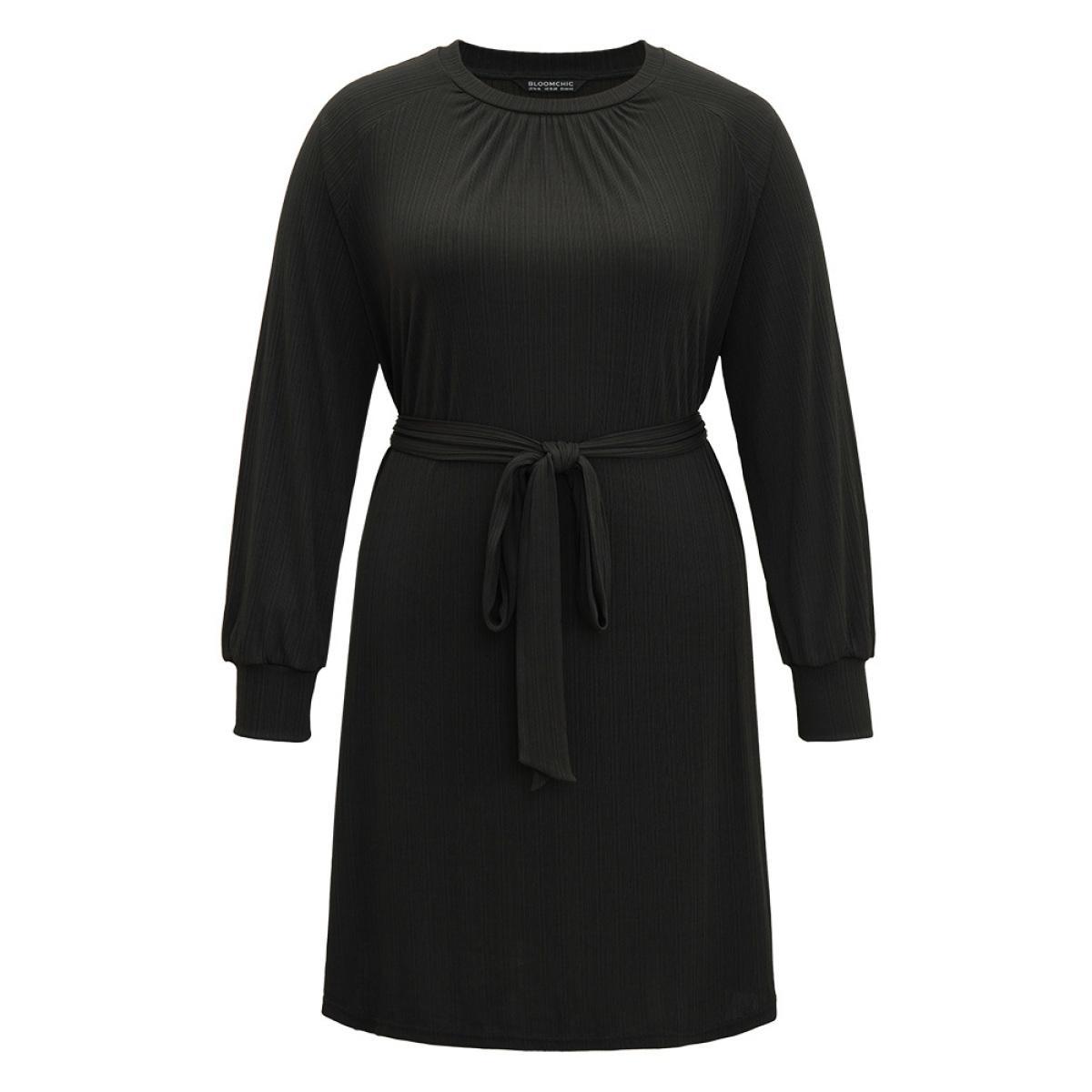 Plus Size Rib Knit Solid Pocket Pleated Belted Dress Black Women Casual Plain Round Neck Long Sleeve Curvy Midi Dress BloomChic 10/M Product Image