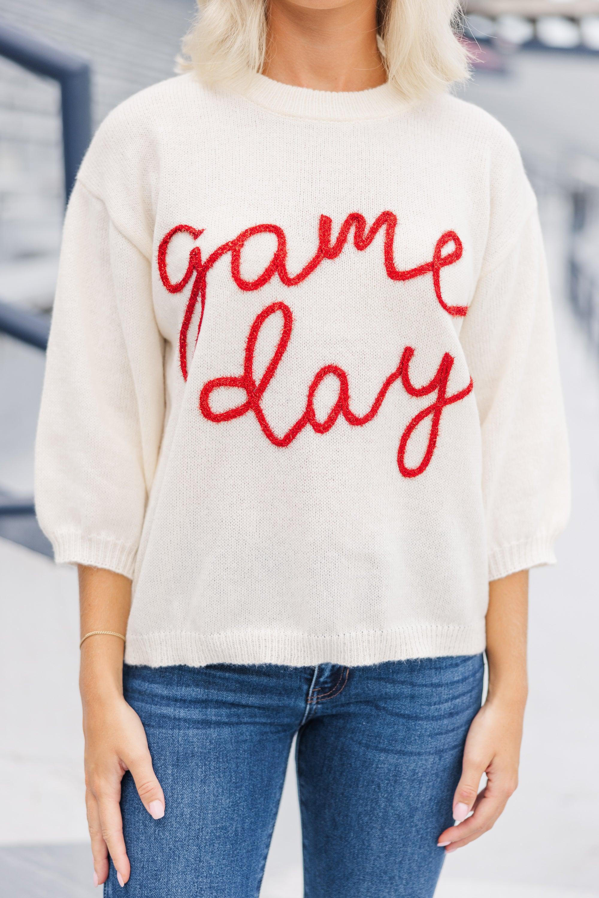 It's Game Day Ivory/Red Puff Sleeve Sweater Female Product Image