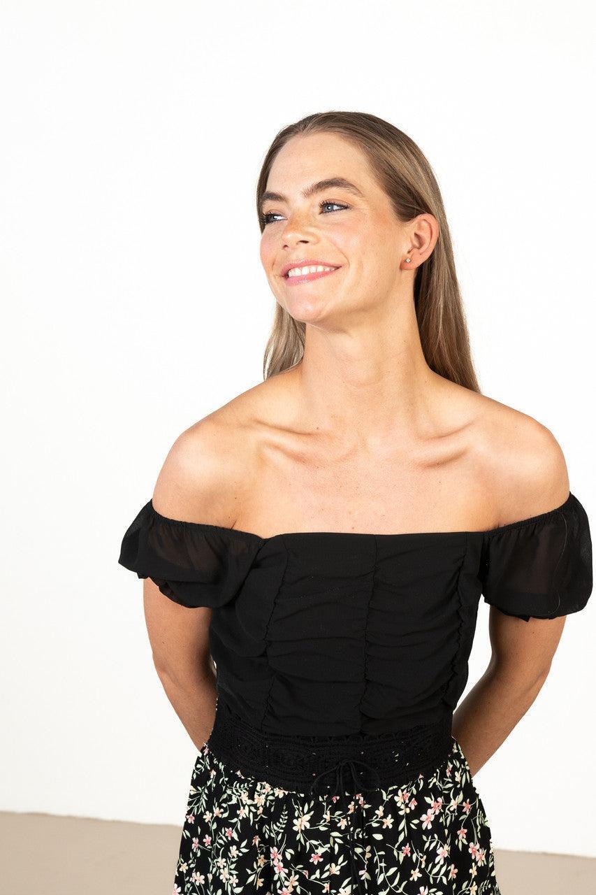 Ruched Front Black Chiffon Crop Product Image